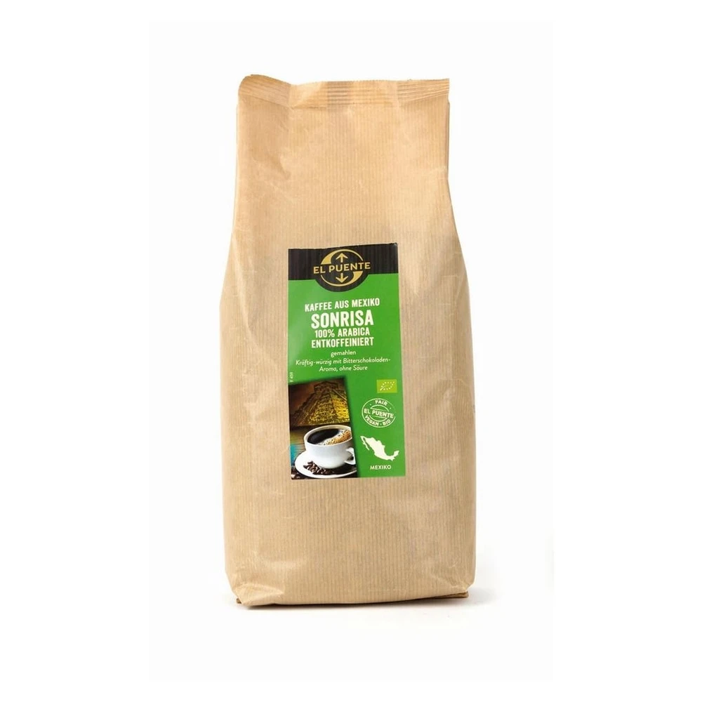 El Puente Kaffee Sonrisa, Bio-Kaffee gemahlen 1 kg, entkoffeiniert, Fair Trade