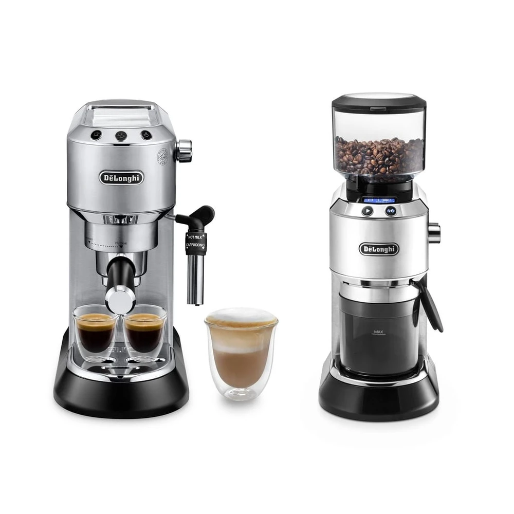 DELONGHI Dedica Style ECKG 6821.M - Barista Bundle aus Espresso Siebträger und Kaffeemühle 18 Mahlgrade, Espressomaschine Silber